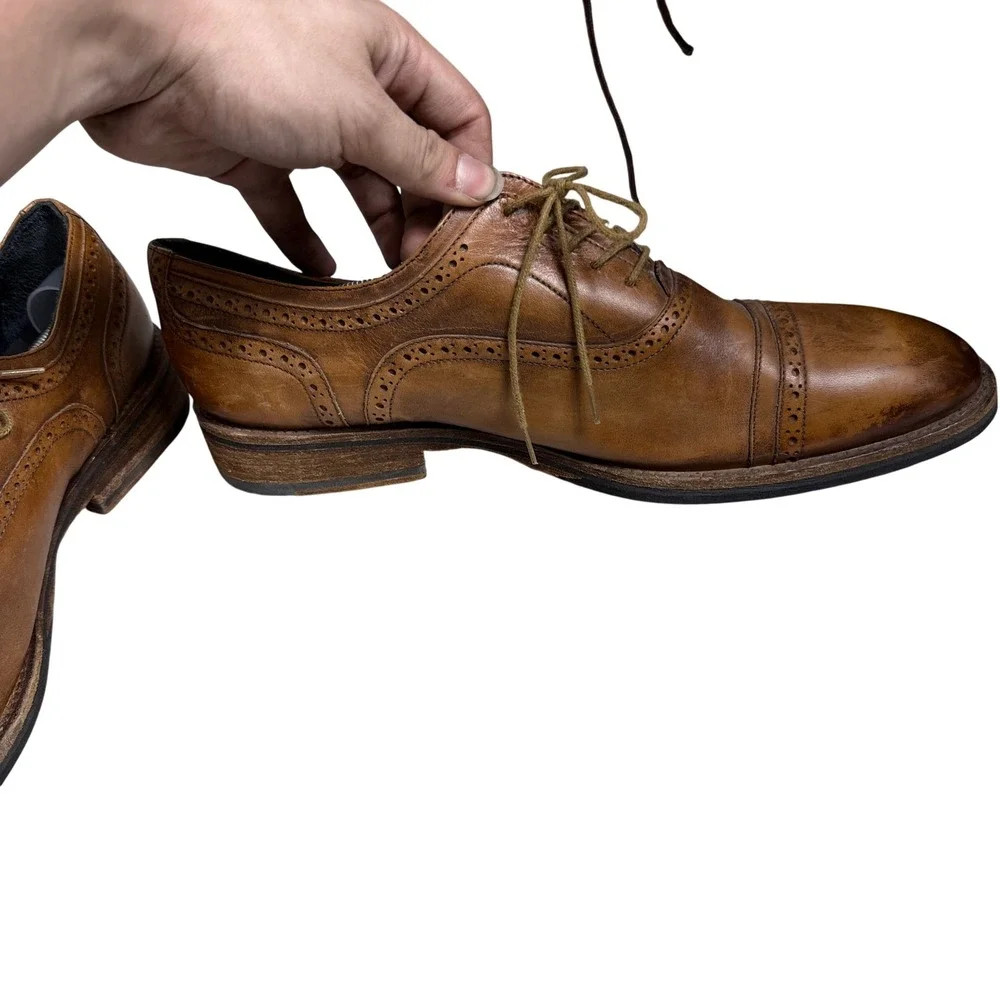 Messico Oxford Shoes Mens 10.5 Tan Leather Brogue Cap Toe Lace Up Formal Dress